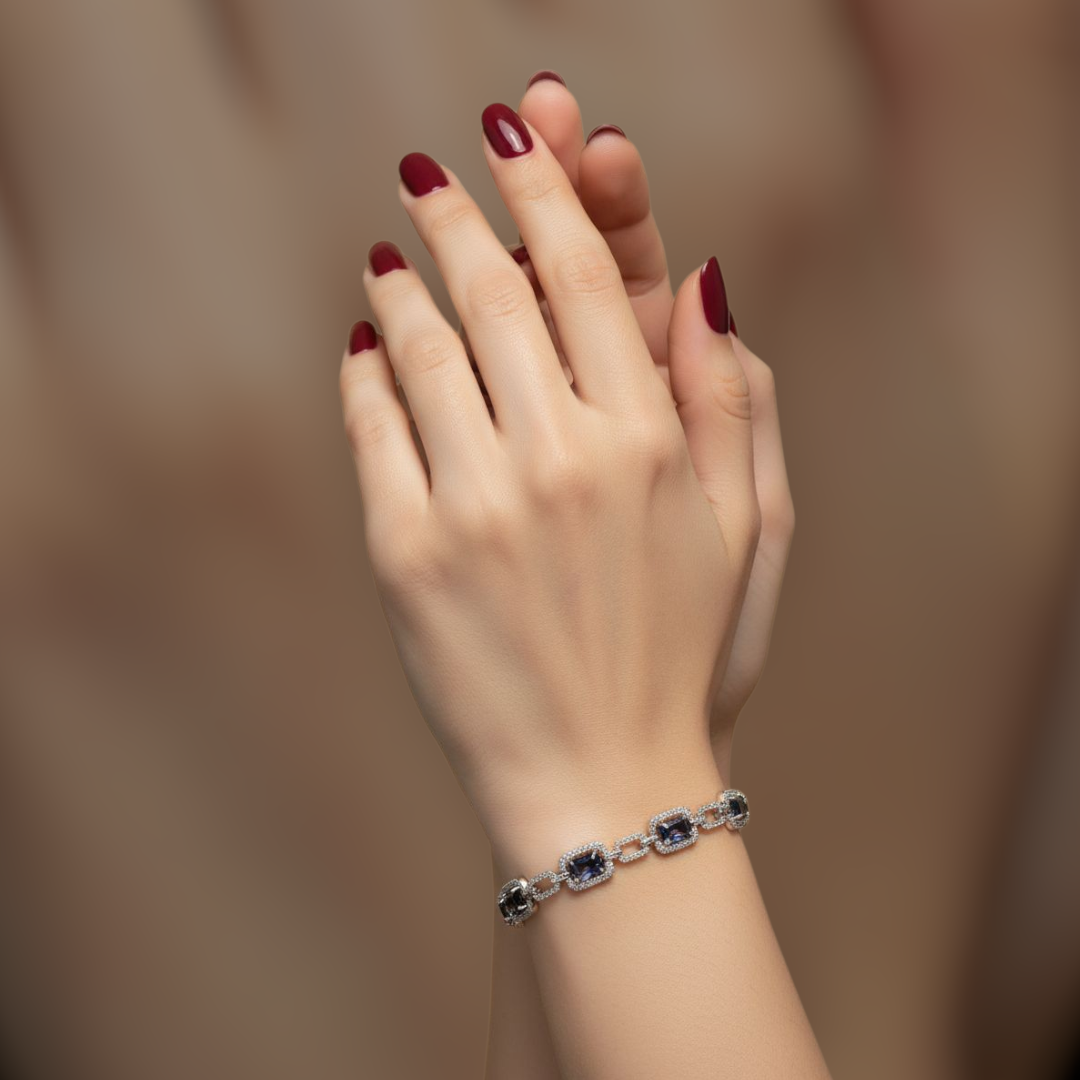Luxury bracelet with shiny navy square zircon stones - 925 sterling silver