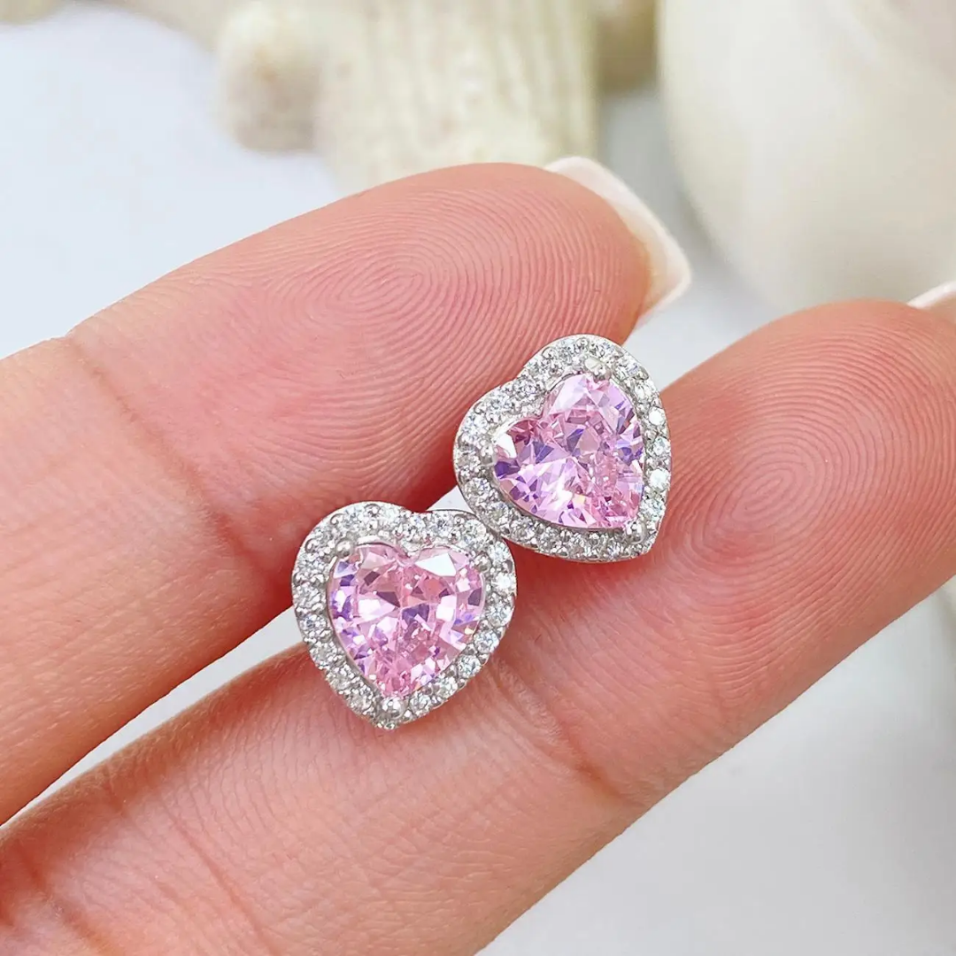 sterling silver shiny heart earrings - shaped white and multicolor zircon like diamonds