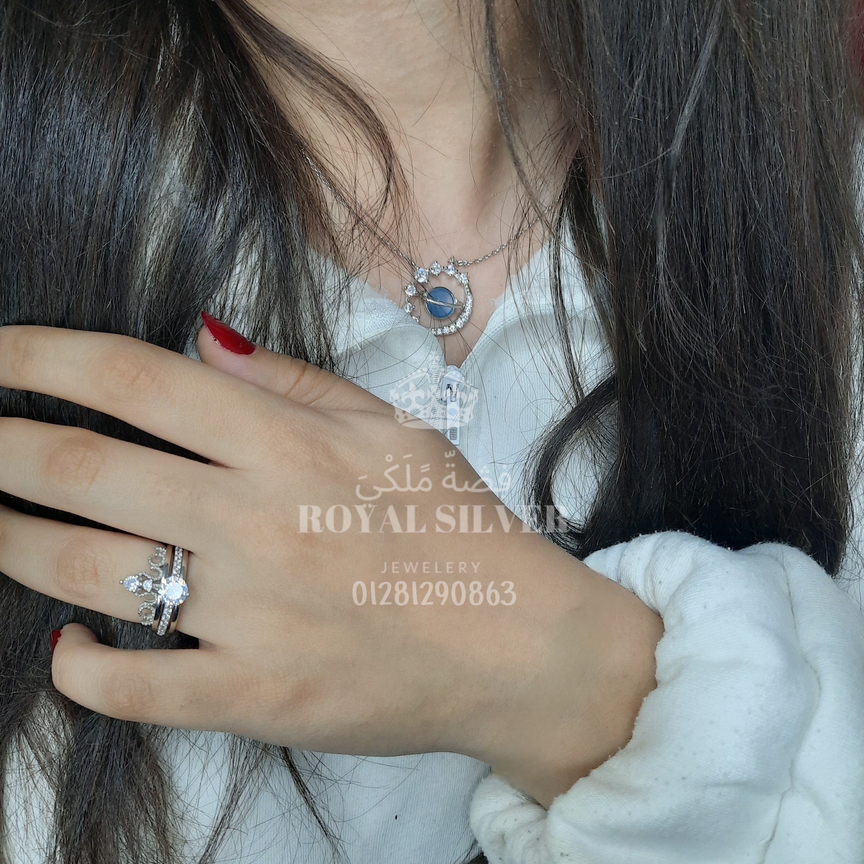 Galaxy Necklace with Crown Twin Ring - Premium 925 Sterling Silver Set