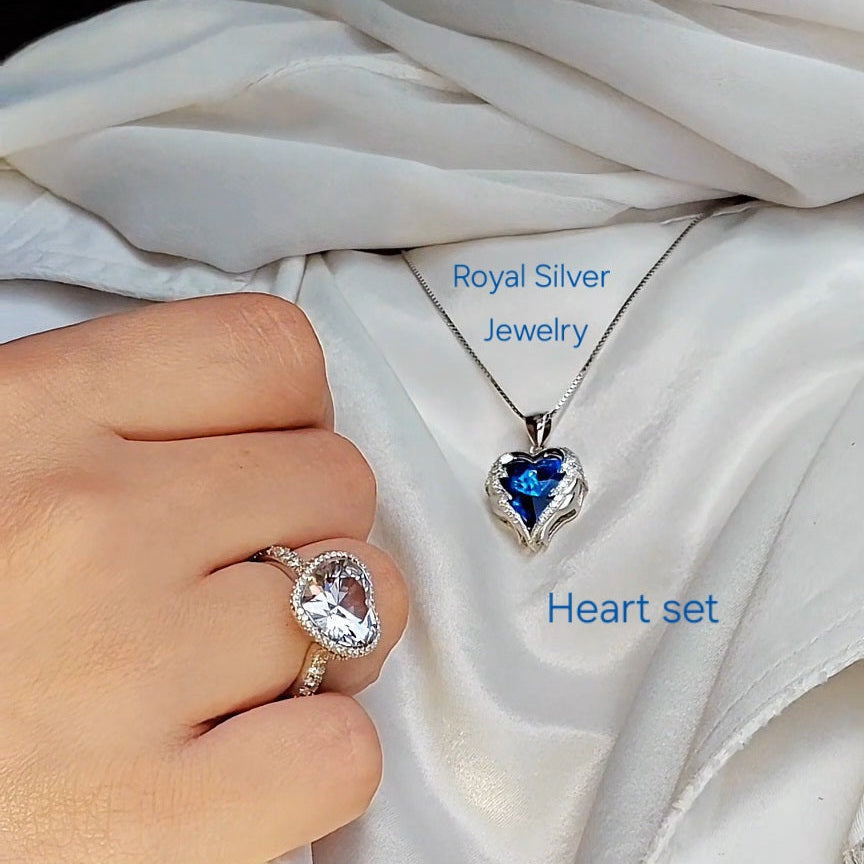 Blue Heart Necklace (Ocean Necklace )with Big Heart Ring Set - Premium 925 Sterling Silver