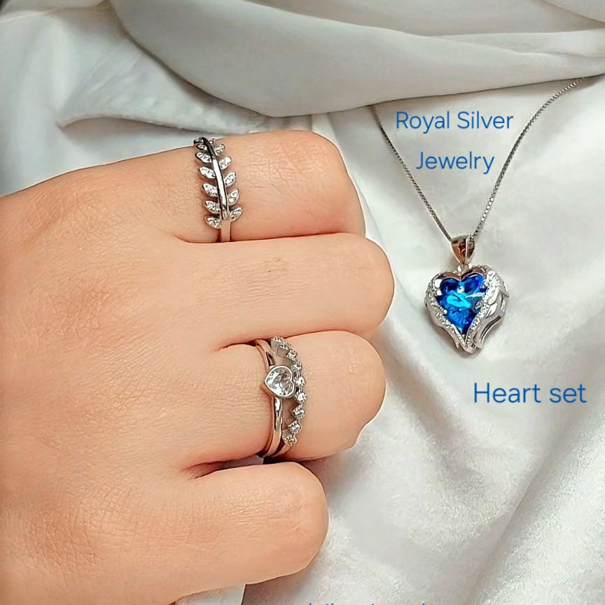 Blue Heart Necklace (Ocean Necklace )with Twin Heartbeat and Feather ring Free Size Ring  - Premium 925 Sterling Silver
