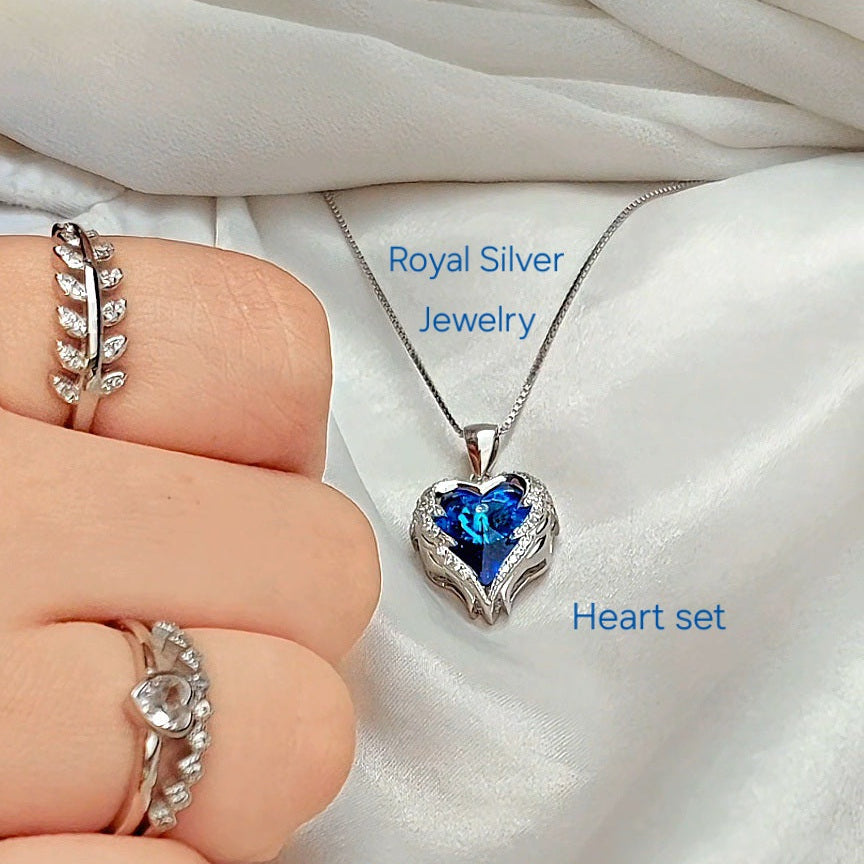 Blue Heart Necklace (Ocean Necklace )with Twin Heartbeat and Feather ring Free Size Ring  - Premium 925 Sterling Silver
